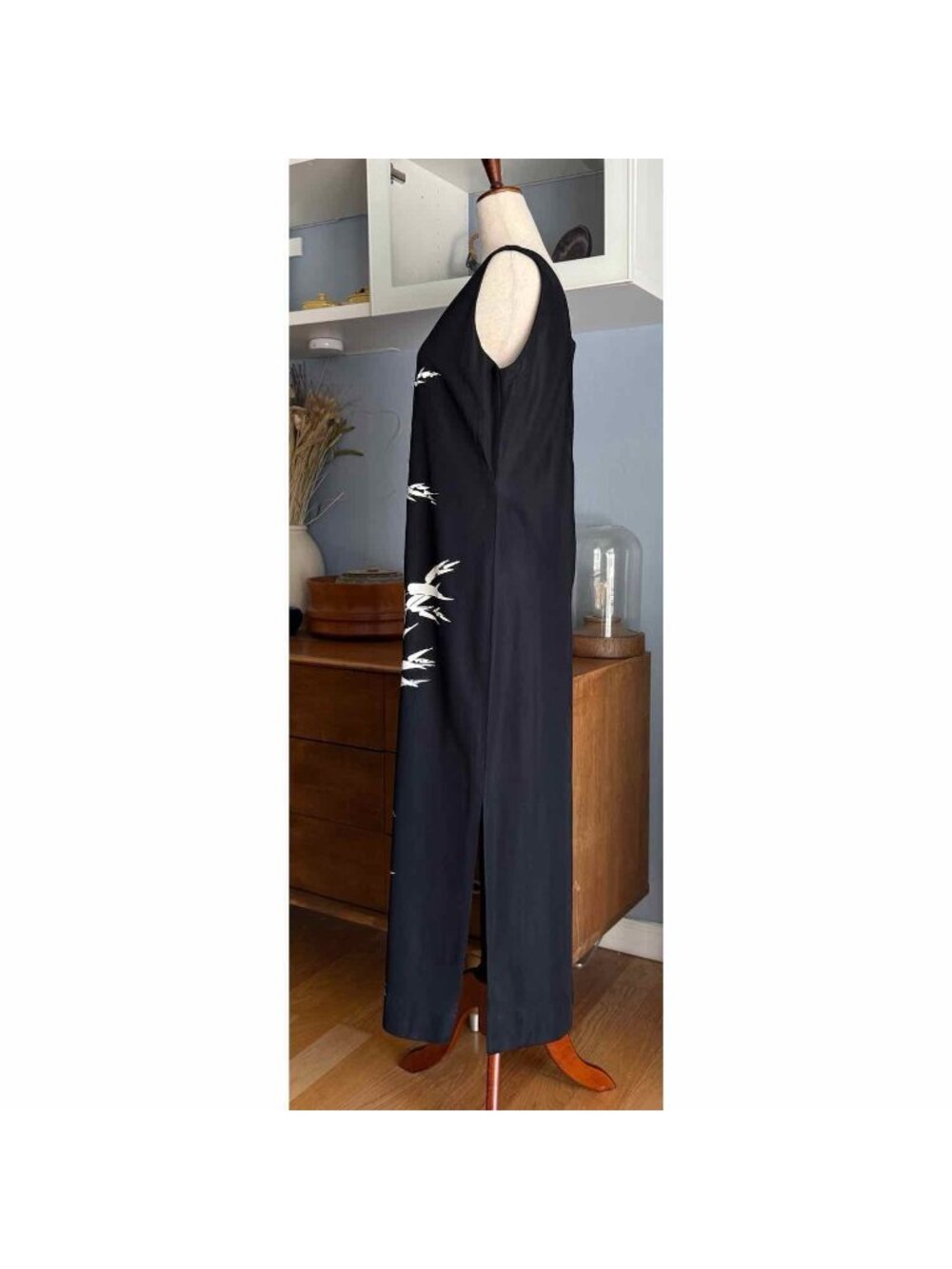 VTG 70s Alfred Shaheen Black Hand-Painted White Bamboo Maxi Dress Sz M - Picture 4 of 7